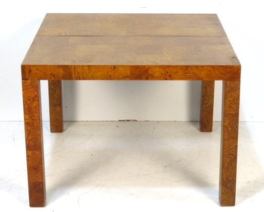 MILO BAUGHMAN BURL WALNUT SQUARE DINING TABLE: Patchwork burl walnut veneers. 29"h. x 40"w. x 40"d.