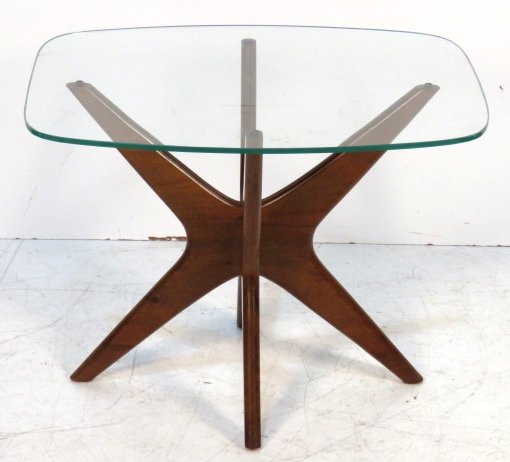 ADRIAN PEARSALL JACKS GLASSTOP END TABLE: Walnut with glass top. 19 3/4"h. x 26"w. x 21 1/4"d.