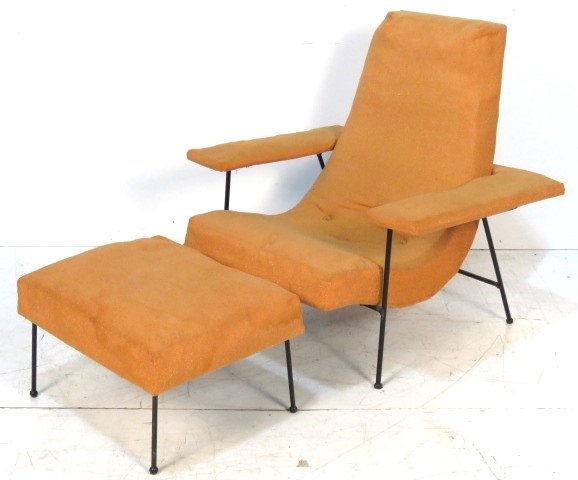 CRAFT ASSOCIATES IRON LEG LOUNGE CHAIR & OTTOMAN: Black iron frame. Chair measures 36"h. x 37"w. x 22"d.