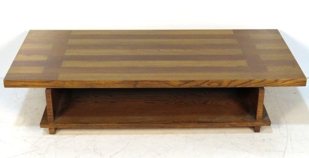 LANE MID CENTURY MODERN COFFEE TABLE: Mahogany and oak with some wear to finish. 15"h. x 68"w. x 30"d.