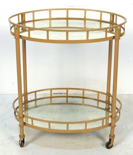 INDUSTRIAL DESIGN PAINTED IRON BAR CART: Tan painted iron with mirrored shelves. 33 1/2"h. x 29 1/2"w. x 31 1/2"d.