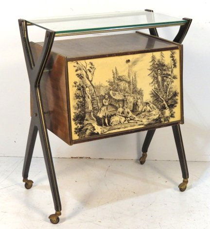 ITALIAN MODERN LACQUERED DOOR BAR CART: Lacquered drop front door with Italian genre scene. 36"h. x 30 1/4"w. x 19"d.