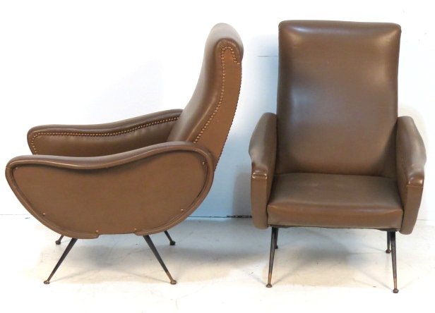 Pair ARFLEX STYLE ITALIAN MODERN LOUNGE CHAIRS: Brown naugahyde with black iron legs. 38"h. x 27 1/4"w. x 33"d.