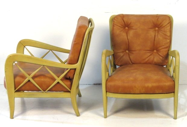 Pair PAOLO BUFFA STYLE LOUNGE CHAIRS: Yellow painted wood and naugahyde. 30 1/2"h. x 25"w. x 32"d.