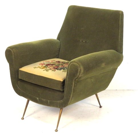 GIO PONTI STYLE ITALIAN MODERN LOUNGE CHAIR: Green upholstery with brass legs. 36"h. x 33"w. x 33"d.