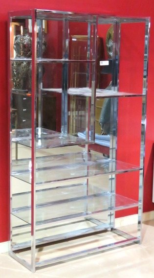 MILO BAUGHMAN STYLE CHROME & GLASS ETAGERE: Chrome with glass shelves. 75"h. x 42"w. x 16 1/4"d.