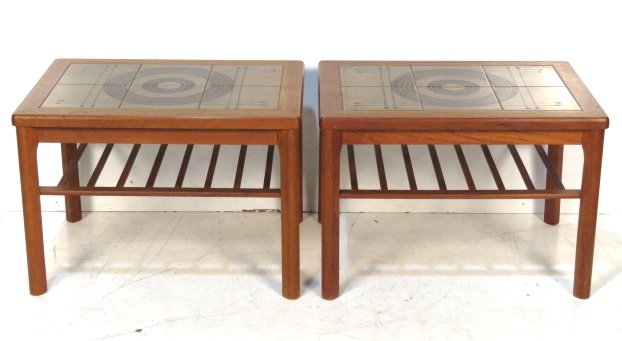 Pair TOFTEN DANISH MODERN TILE TOP TABLES: Teak with ceramic tiles. 20 1/2"h. x 28 1/2"w. x 20 1/2"d.