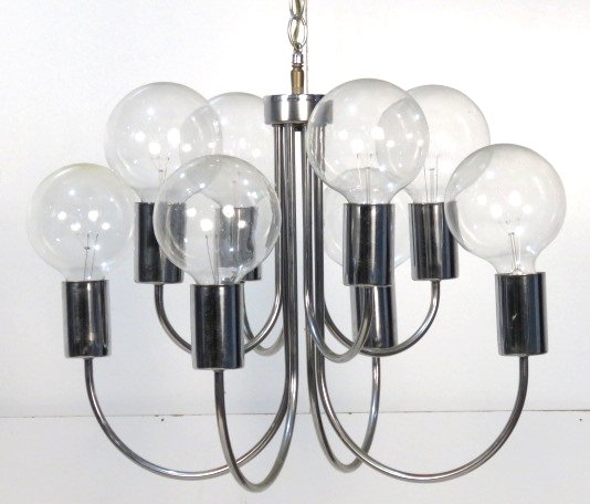 1960'S MODERN CHROME SPACE AGE CHANDELIER: Chrome metal with large glass bulbs. 18"h. x 23 1/2"diam.