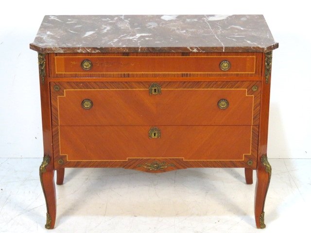 DIMINUTIVE BRONZE MOUNTED FRENCH MARBLETOP COMMODE: Rosewood banding and inlay. 29"h. x 33 1/2"w. x 16 1/2"d.