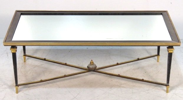 DIRECTOIRE STYLE IRON & BRONZE MIRRORTOP COFFEE TABLE: Iron base with bronze mounts. Ebonized top with mirror. 14 3/4"h. x 41 3/4"w. x 22"d.