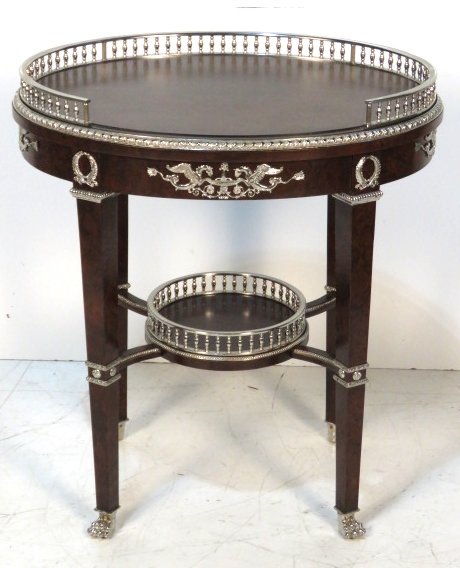 HENREDON FRENCH EMPIRE STYLE SIDE TABLE: Burl walnut with silver brass mounts. 31"h. x 27 1/2"w. x 20"d.