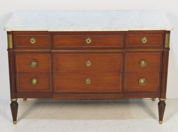 JANSEN BRONZE MOUNTED MARBLETOP COMMODE: Finely cast bronze mounts. Stamped Jansen. 31 1/2"h. x 48"w. x 19 3/4"d.