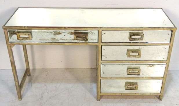 VINTAGE FAUX BAMBOO MIRRORED VANITY: Distressed faux bamboo with beveled glass mirror. 30 1/2"h. x 54 1/4"w. x 18 1/4"d.
