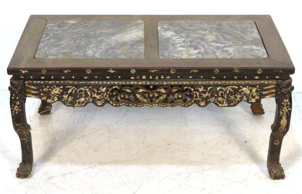 ANTIQUE CHINESE INLAID TEAKWOOD MARBLETOP TABLE: Inlaid mother of pearl. 20 1/2"h. x 45"w. x 25"d.