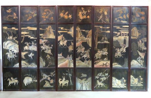 ANTIQUE CHINESE 8 SECTION COROMANDEL SCREEN: Black lacquer with carved and painted scenes. 90"h. x 152"w.