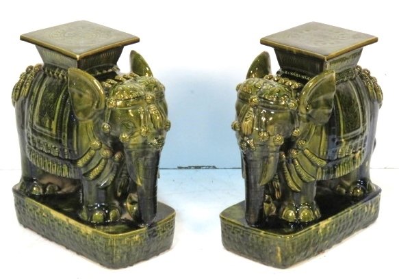 Pair CHINESE GREEN GLAZED ELEPHANT GARDEN SEATS: Ceramic Chinese elephants. 22"h. x 23"w. x 10"d.
