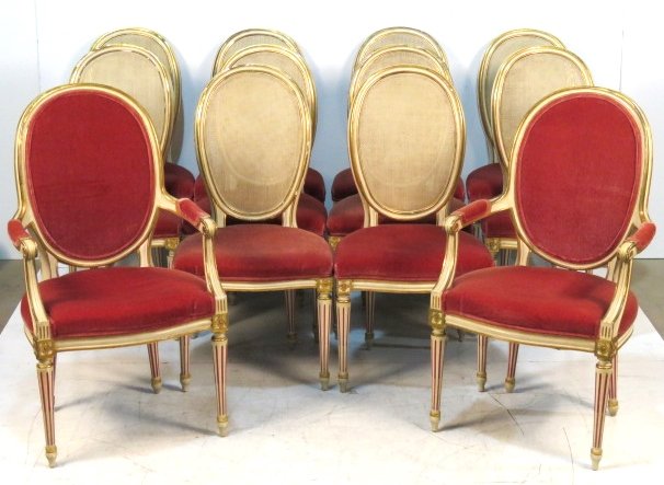 12 PAINT DECORATED JOHN WIDDICOMB LOUIS XVI STYLE: Cream painted with gold and fuscia paint decorated. 41"h. x 23 1/2"w. x 23"d.