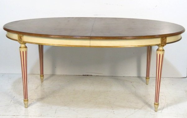 JOHN WIDDICOMB LOUIS XVI STYLE PAINTED DINING TABLE: Cream paint and gilt. Walnut top. 29 1/2"h. x 70"w. x 44"d. Two 18"w. boards.