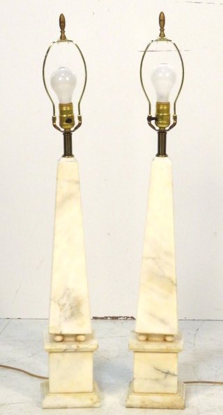 Pair ITALIAN STYLE MARBLE OBELISK LAMPS: Pair marble obelisk lamps. 35"h. to top. 23"h. to top of obelisk.