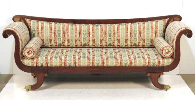 ANTIQUE FEDERAL STYLE DUNCAN PHYFE INLAID SOFA: Mahogany with satinwood inlays. 35 1/2"h. x 94"w. x 24 1/4"d.