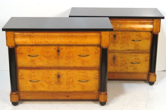 Pair GUIDO ZICHELE BIEDERMEIER STYLE MARBLETOP COMMODE: Black marble top. Burl wood with ebonized columns. 36 1/4"h. x 44 1/4"w. x 20 1/2"d.