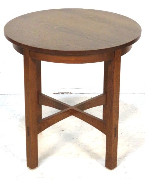 STICKLEY MISSION OAK STYLE ROUND TABLE: Stickley, Manlius NY. Solid oak. 28 1/4"h. x 26"diam.