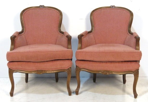 Pair LOUIS XV STYLE CARVED WALNUT BERGERES.: Finely carved frames. 36 1/4"h. x 29"w. x 28"d.