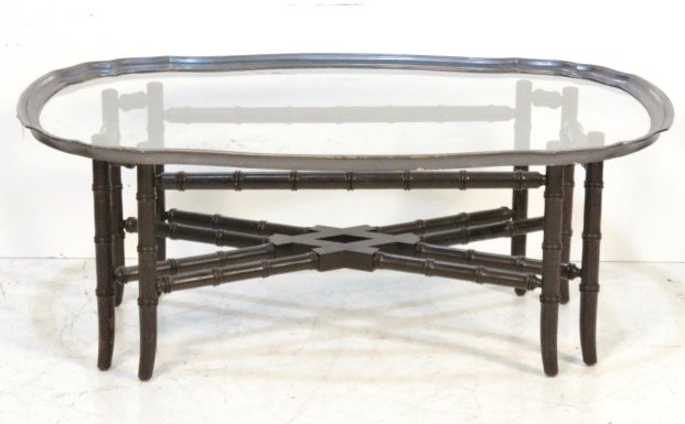 FAUX BAMBOO GLASS TRAY TOP TABLE: Brown painted wood with silvered brass tray. 16 1/4"h. x 41 3/4"w. x 28"d.