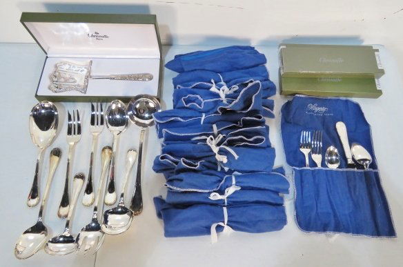 90 pcs. CHRISTOFLE RUBANS SILVERPLATE FLATWARE: 14 place setting. 9 serving pieces and a Christofle waffle server.