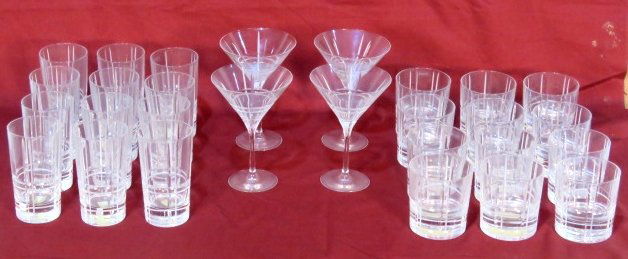 28 pcs. CHRISTOFLE CRYSTAL SCOTTISH GLASSWARE: 28 pcs. Christofle glassware in the Scottish pattern. Twelve 3 1/2"h. tumblers. Twelve 5 1/4"h. old fashions. Four 6 5/8"h. martinis.