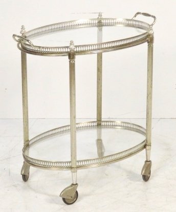 FRENCH STYLE OVAL METAL BAR CART: Silverplated metal. 23 1/4"h. x 22"w. x 15"d.