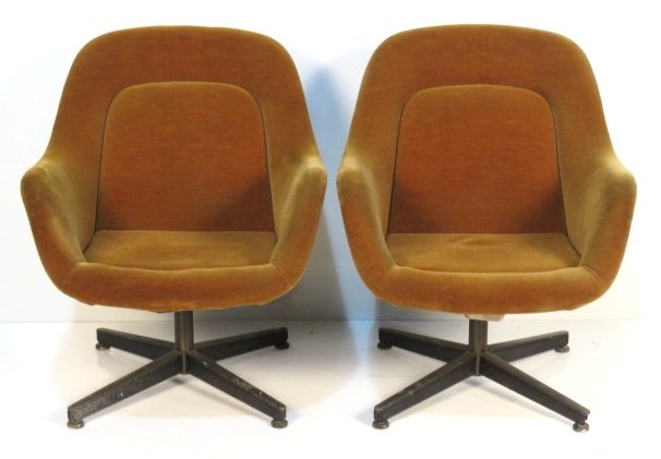 Pair KNOLL INTERNATIONAL SWIVEL LOUNGE CHAIRS: Metal bases with mohair fabric. 34"h. x 28"w. x 27"d.
