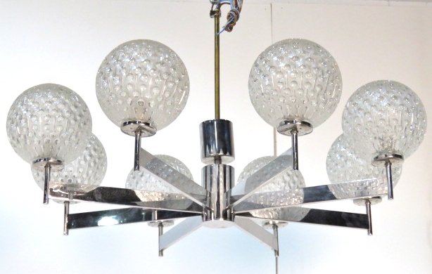 ITALIAN MODERN CHROME CHANDELIER w/ GLASS BALLS: Chrome chandelier with glass balls. 18"h. x 30"diam.
