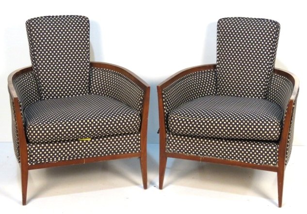 Pair HARVEY PROBBER STYLE UPHOLSTERED WALNUT LOUNGE: Walnut frame with polka dot upholstery. 34"h. x 28 1/2"w. x 30"d.