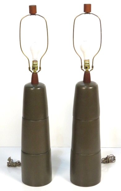 Pair MARTZ GREEN MODERN CERAMIC TABLE LAMPS: Ceramic with dark green glaze. Signed Martz. 41"h. to top.