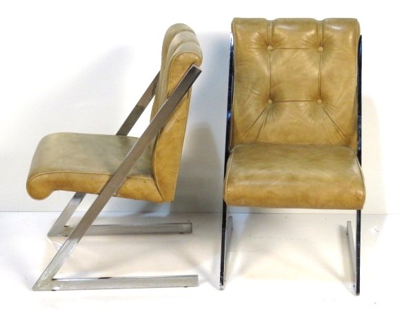 Pair 1960's MILO BAUGHMAN STYLE CHROME SIDE CHAIRS: Chrome metal with vinyl fabric. 34"h. x 20"w. x 24"d.