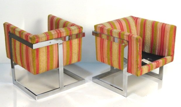 Pair MILO BAUGHMAN THAYER COGGIN LOUNGE CHAIRS: Chrome metal with upholstery. 25 3/4"h. x 24 1/2"w. x 25"d.