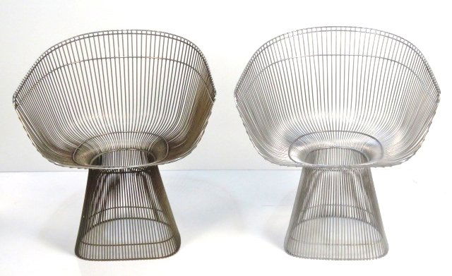 Pair WARREN PLATNER METAL ARMCHAIRS: Chrome base. 28 1/2"h. x 26 1/2"w. x 19 1/2"d.