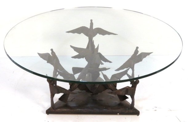 BRUTALIST SCULPTURAL TABLE manner of SILAS SEANDEL: Welded metal with bronze patina. Unsigned. 18 1/4"h. x 41 1/4" diameter.