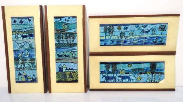 4 HARRIS STRONG FRAMED CERAMIC TILES: Each panel with three 6 1/4" tiles. Haris Strong label on back of 3. Framed size 24" x 10 3/4".