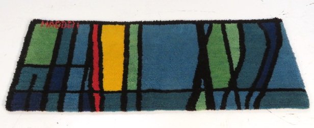MODRIAN STYLE MODERN RUG signed MADDEN: In the style of Piet Mondrian. Signed Madden. 56" x 24 1/2".