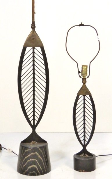 Pair FREDERICK WEINBERG STYLE IRON FISH LAMPS: Iron and brass. Taller measures 30 1/2" to top of fish, smaller measures 19" to top.