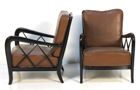 Pair PAOLO BUFFA STYLE LOUNGE CHAIRS: Ebonized frames with naugahyde cushions. 32 1/4"h. x 26 1/4"w. x 28"d.