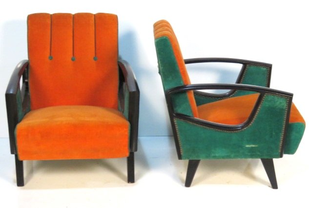 Pair ITALIAN MODERN GREEN & ORANGE LOUNGE CHAIRS: Ebonized wood and velour upholstery. 32 1/2"h. x 26"w. x 28"d.