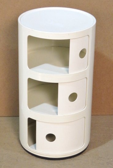 ANNA CASTELLI for KARTELL COMPONIBILI STAND: White plastic with sliding doors. 23 1/2"h. x 12 3/4"diam.