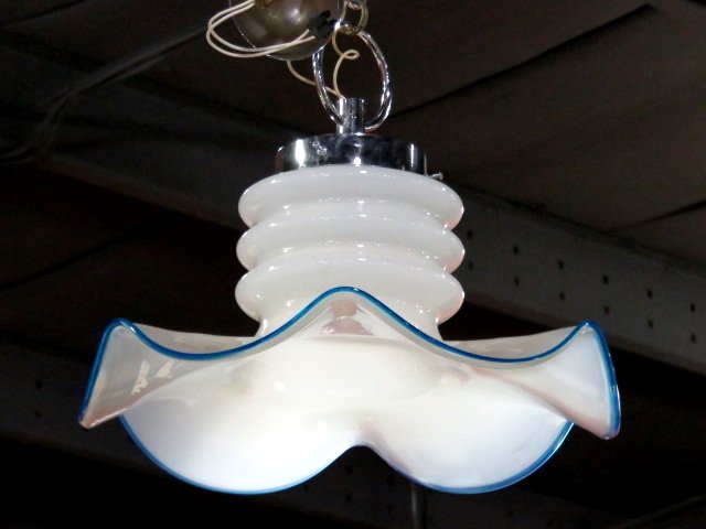 ITALIAN MODERN WHITE & BLUE GLASS HANGING LIGHT: Opaque white glass with blue rim. 14"h. x 18 1/2"diam.