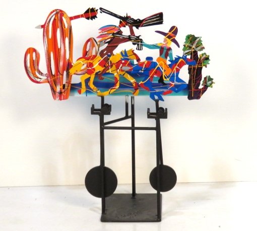 FREDERICK PRESCOTT KINETIC SCULPTURE: Painted iron. Signed Prescott, 81'. 35"h. x 33"w. x 16"d.