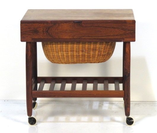 VITZE DANISH MODERN ROSEWOOD SEWING STAND: Rosewood with slide out wicker basket. 23"h. x 23 1/2"w. x 16"d.