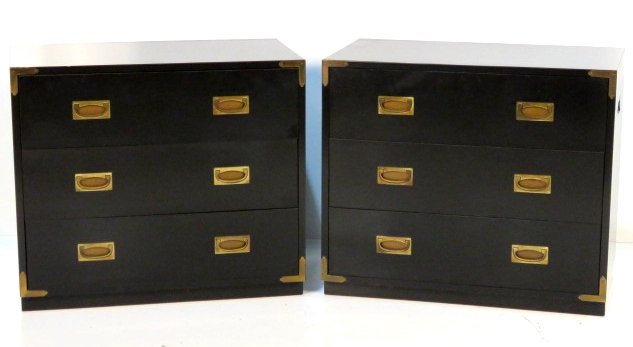 Pair BLACK LAMINATE CAMPAIGN CHESTS: Black laminate with brass hardware. 28"h. x 32"w. x 18"d.