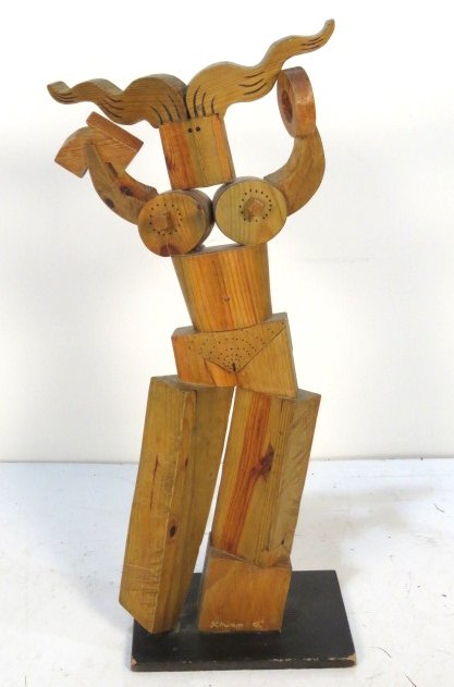 40" FRED SCHUMM MODERN WOOD CARVING of a CUBIST FEMALE: Assembled carved wood. Signed Schumm, '99.